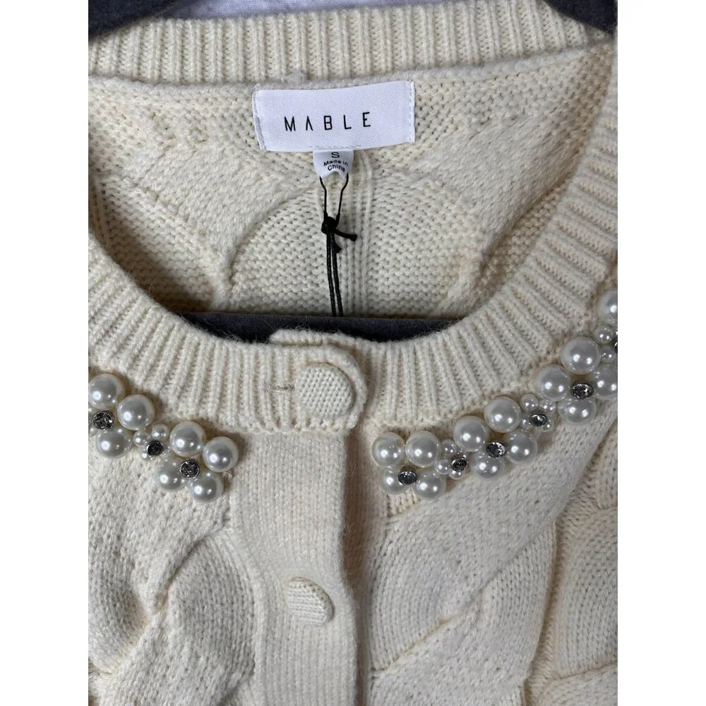 MABLE Women's Cream Pearl Cable Front Button Short Sleeve Sweater Cardigan NWT S - Picture 3 of 5